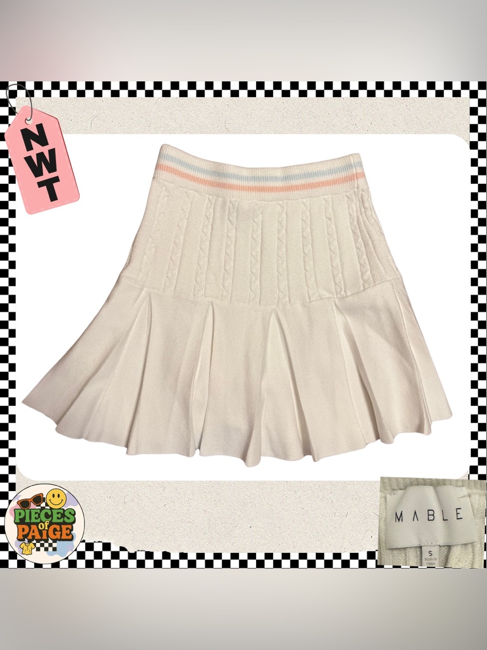 MABLE Cream Cable-Knit Skater Skirt with Pastel Stripe Waist NWT